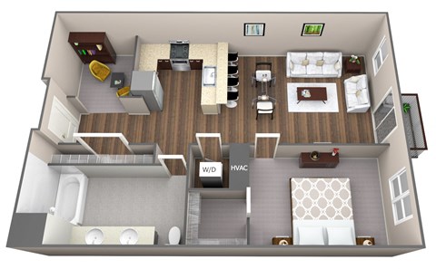 Floor plan for 1 bed, 1 bath, 827 sqft